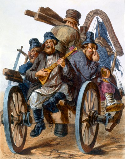 Group of Drunken Peasant Men Singing as They Go Home on a Cart by Rudolf Jukowsky